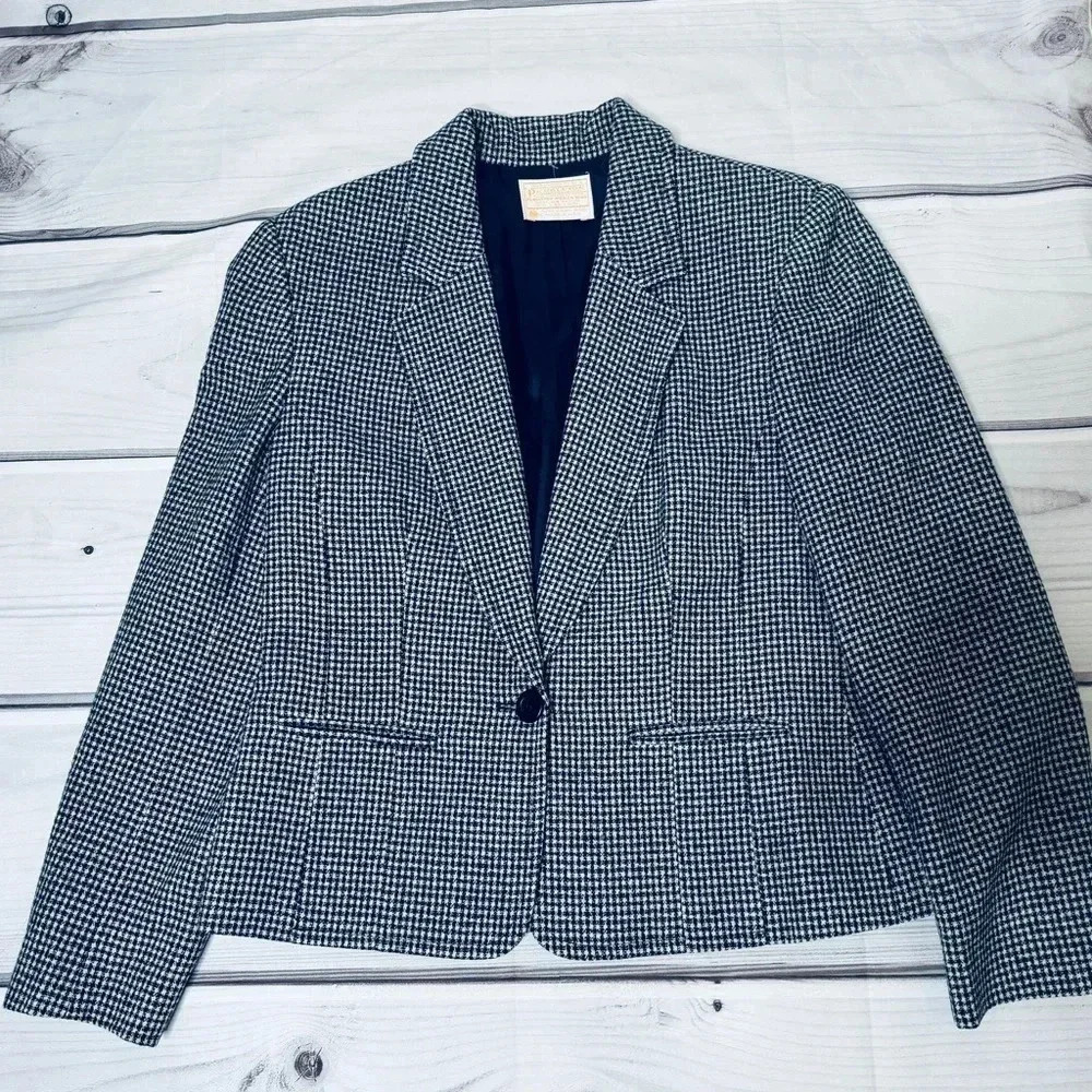 Vintage Pendleton Wool Navy Cream Houndstooth Blazer Size 8 Made in USA